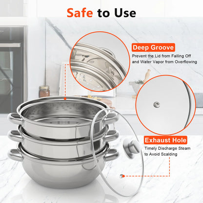 3-Tier 28CM Stainless Steel Steamer Food Cooking + Glass Lid Cookware Steam Pot Set Silver Hot Pot Steamer Veg Cooker