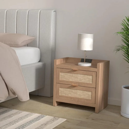 Set of 2-Rattan Nightstands with Type-C Charging Station