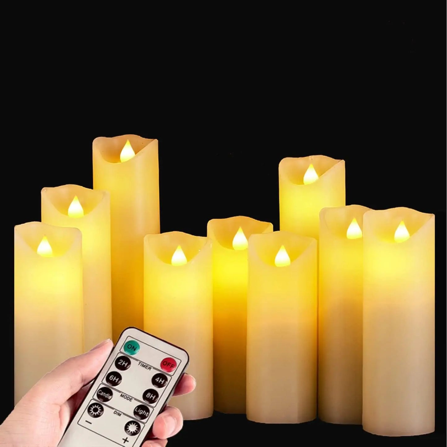 Set of 9 Real Wax Pillar Flickering Battery Candles With 10 key Remote Control Timer 300 Hours