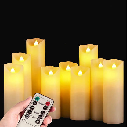 Set of 9 Real Wax Pillar Flickering Battery Candles With 10 key Remote Control Timer 300 Hours