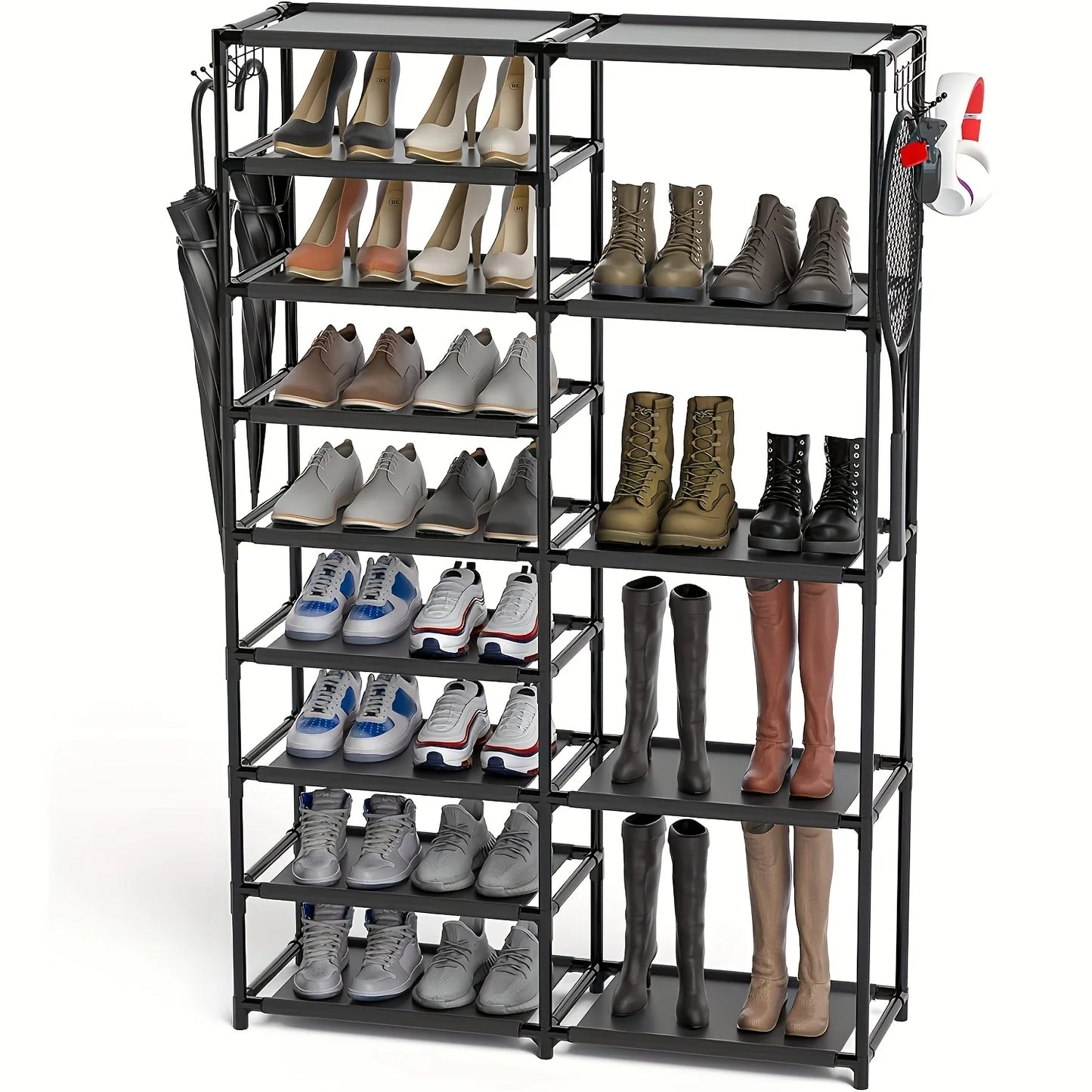9-Tier Tall Shoe Rack, Large Capacity Organizer with Hooks