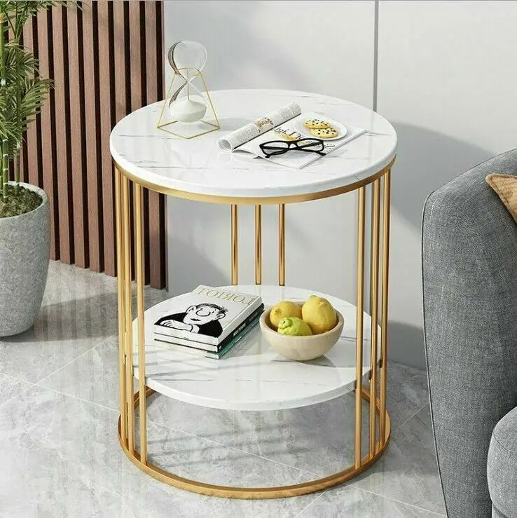 2-Tier White Marble Side Table Nightstand