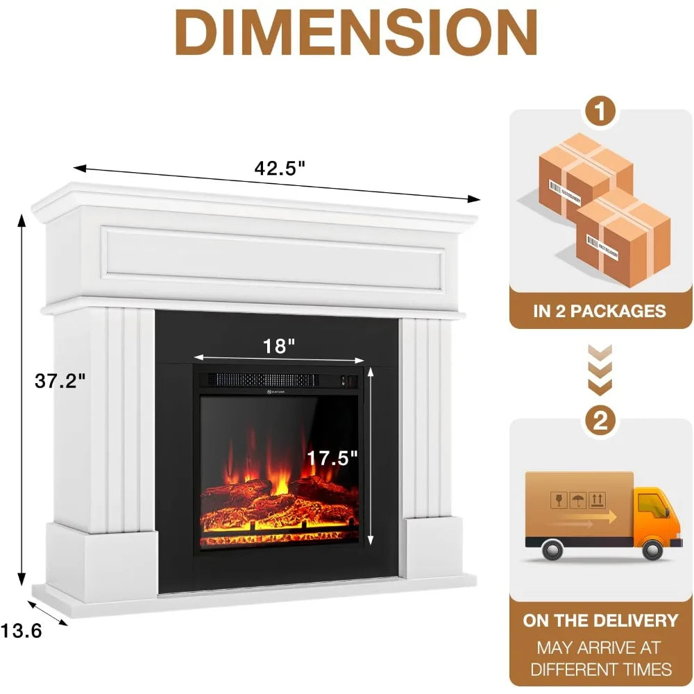 42''W Electric Fireplace with Mantel, Stand with 18’’ Electric Heater