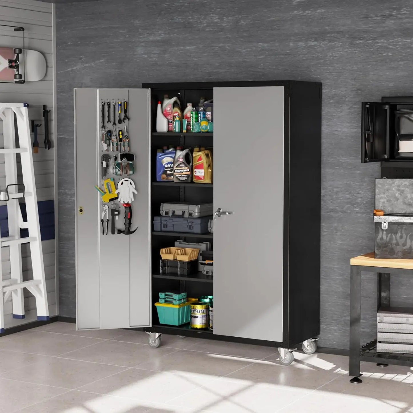 Upgraded Wide & Deep Garage Storage Cabinet with wheels