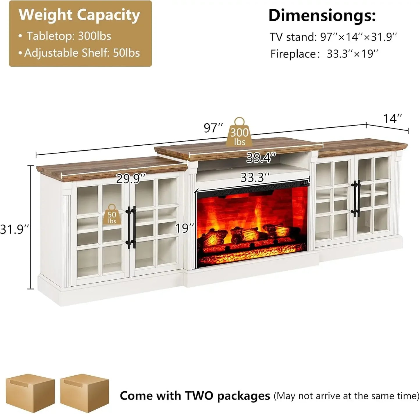97" TV Stand with 33" Fireplace for TVs up to 100"