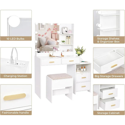 Mirror and 10 LED Lights, White with Power Outlet, Vanity with 5 Drawers & Shelves, 3 Light Modes