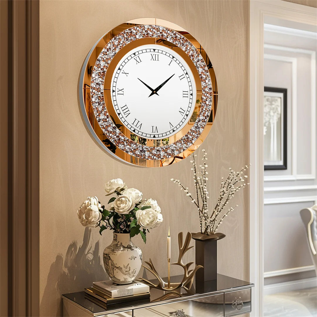 Wall Clock Mirror Clock Sparkle Bling Round Diamond