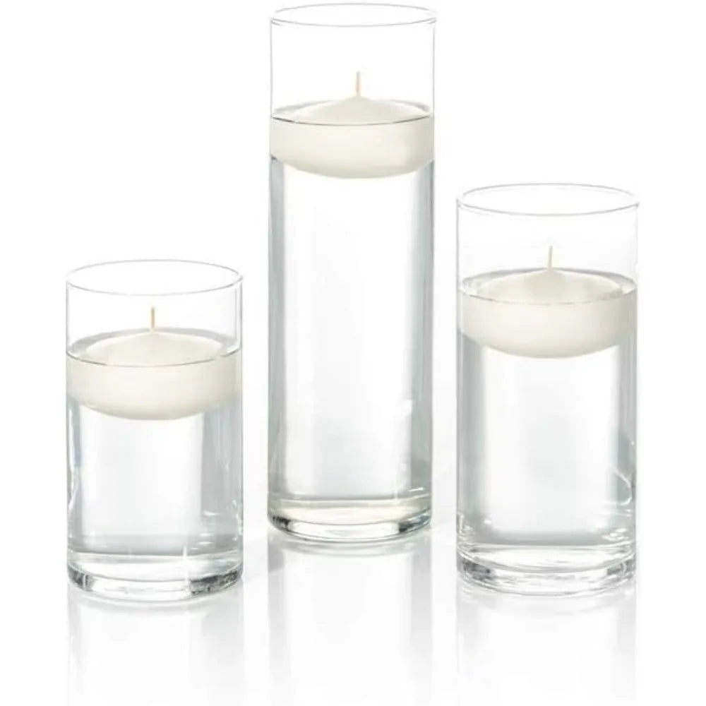 Set of 36 Floating Candles and Cylinder Vases