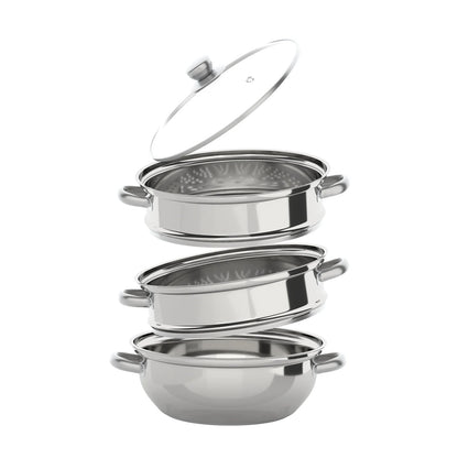 3-Tier 28CM Stainless Steel Steamer Food Cooking + Glass Lid Cookware Steam Pot Set Silver Hot Pot Steamer Veg Cooker