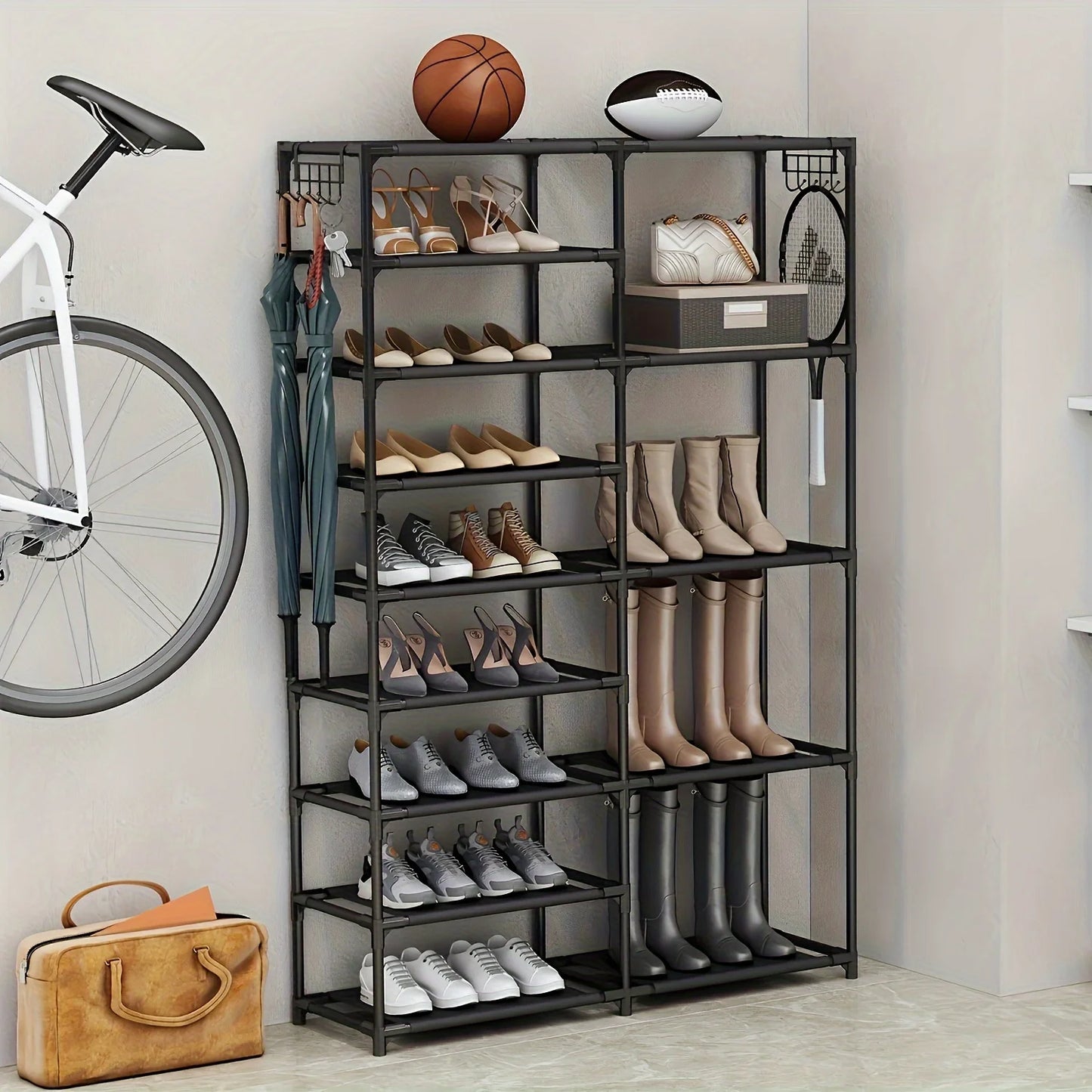 9-Tier Tall Shoe Rack, Large Capacity Organizer with Hooks