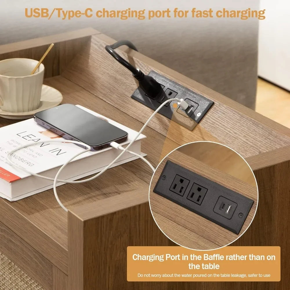 Set of 2-Rattan Nightstands with Type-C Charging Station