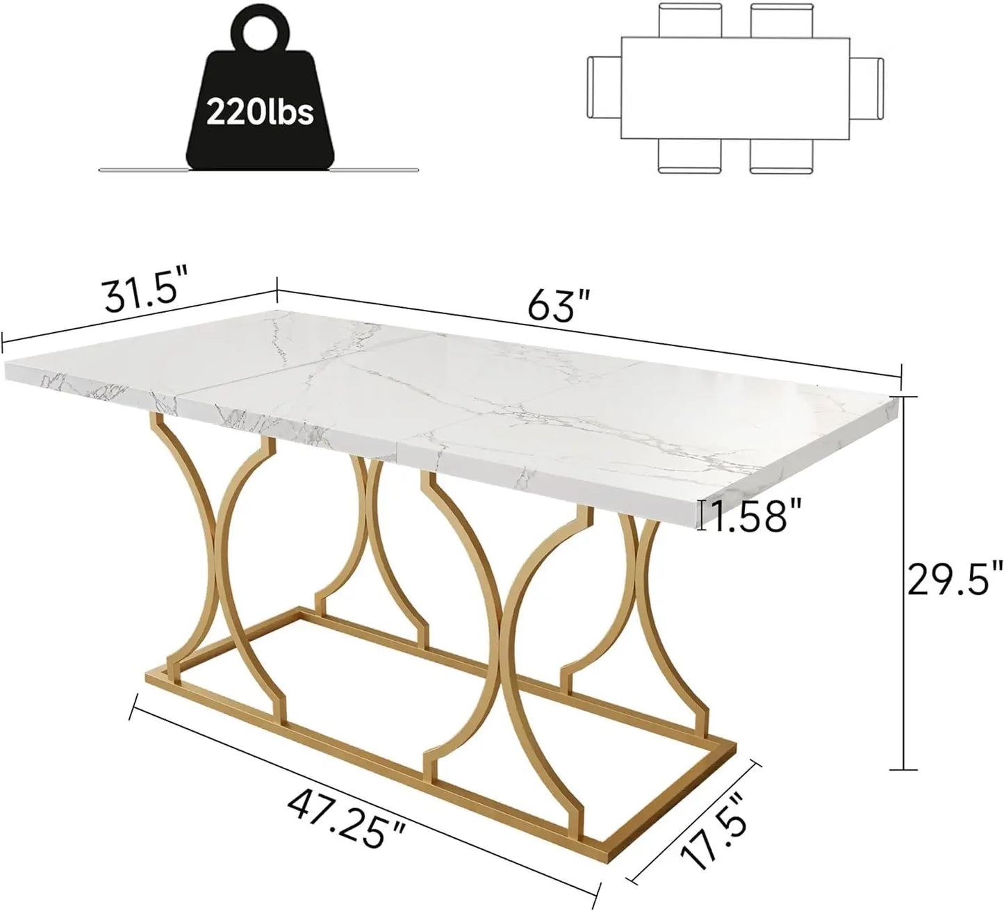 63" Luxury Dining Table Kitchen Dining Room Table